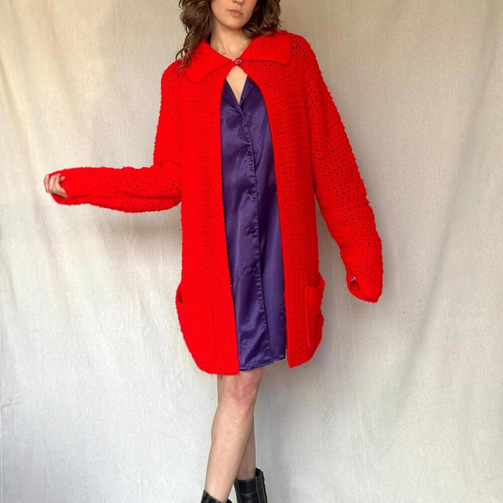Bright Red Chunky Cardigan Sweater
